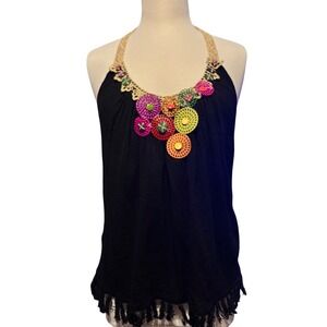 Rare Vintage Rampage Black Halter Top Crochet Flower Fringe Embellishment Size L